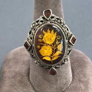 Carved Rose in Amber Sterling Silver Ring